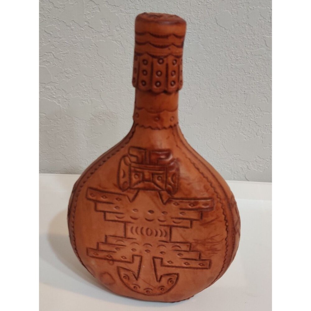 Vtg Leather Tooled Wrapped Wine/Liquor Decanter Columbian Souvenir Art Bottle